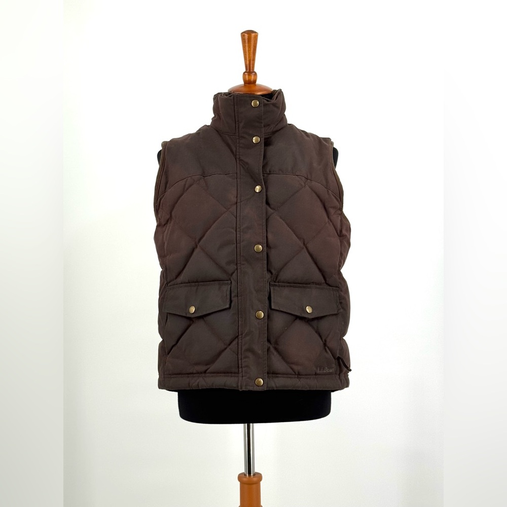 L.L.Bean Brown Quilted Waxed Cotton Goose Down Vest Size M - Picture 3 of 15